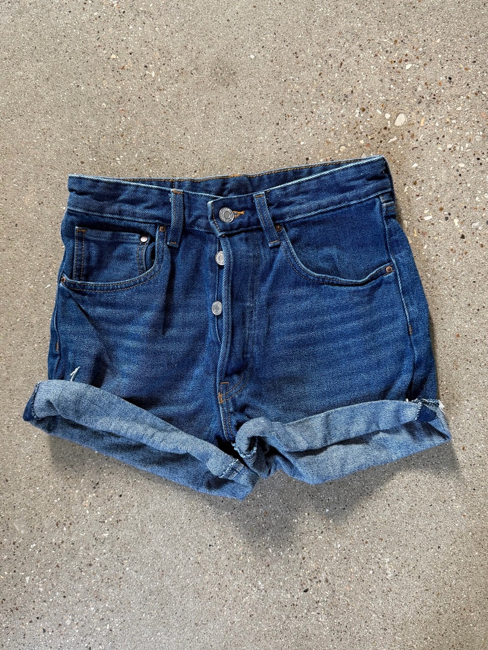 High-Rise Button-Fly Rolled Hem Denim Shorts - Dark Blue